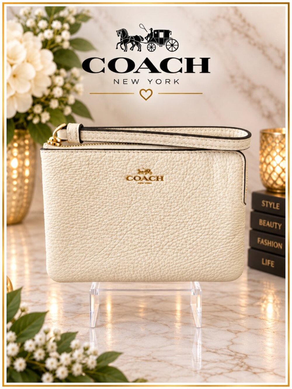 NWT Coach Chalk/Cream Bubbled Pebbled Leather Corner Zip Wristlet with Gold trim